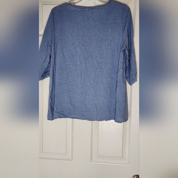 Unbranded XL Stone Blue LINEN Blend  3/4 Sleeve Lagenlook Women's Top Blouse - Picture 7 of 7
